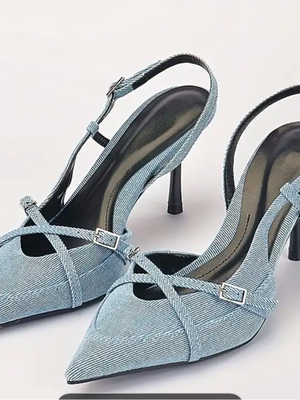Pointed Denim Slingback Heels in Light Blue